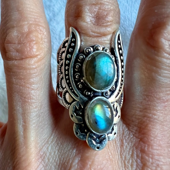 925 Flash Labradorite GODDESS ANGEL WING Ring 9 or 11 - Picture 9 of 13